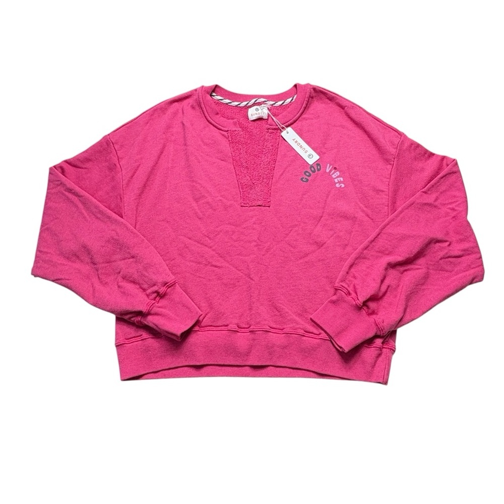 NWT Anthropologie SUNDRY Good Vibes Fuchsia Split Neck Cropped Sweatshirt Size L - Picture 7 of 14